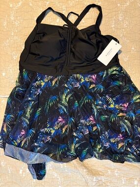 BloomChic Black Swim Dress with Tropical Print Accents